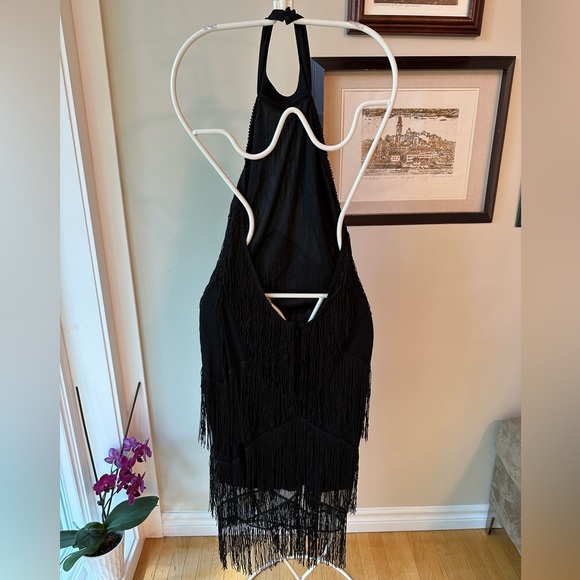 ASOS Halter Dress with Fringe Trim in Black - Picture 2 of 2